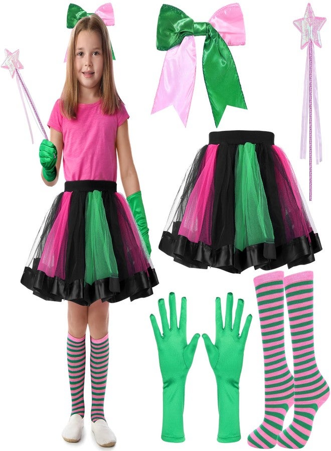 ShinyMatch 5 Pcs Halloween Costumes Pink and Green Witch Costume Tutu Skirt Hair Bow Gloves Socks Wand for Halloween Cosplay Party - Image 1